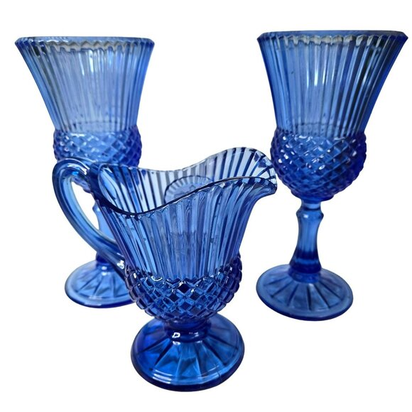 VTG 70s Blue Fostoria Avon George Martha Washington Goblets & Mt. Vernon Pitcher - Picture 3 of 9